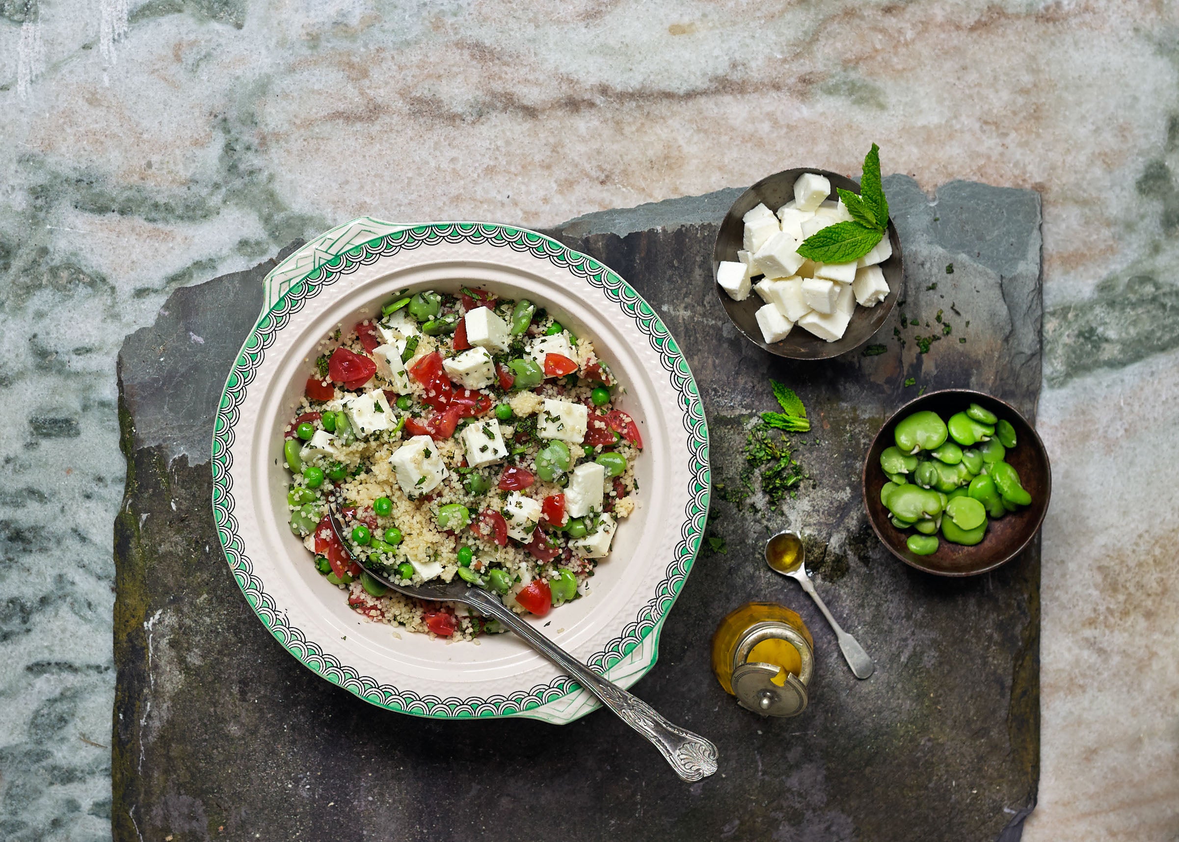 Mrs Bell's Salad Cheese with Couscous, Broad Beans, Peas, Mint